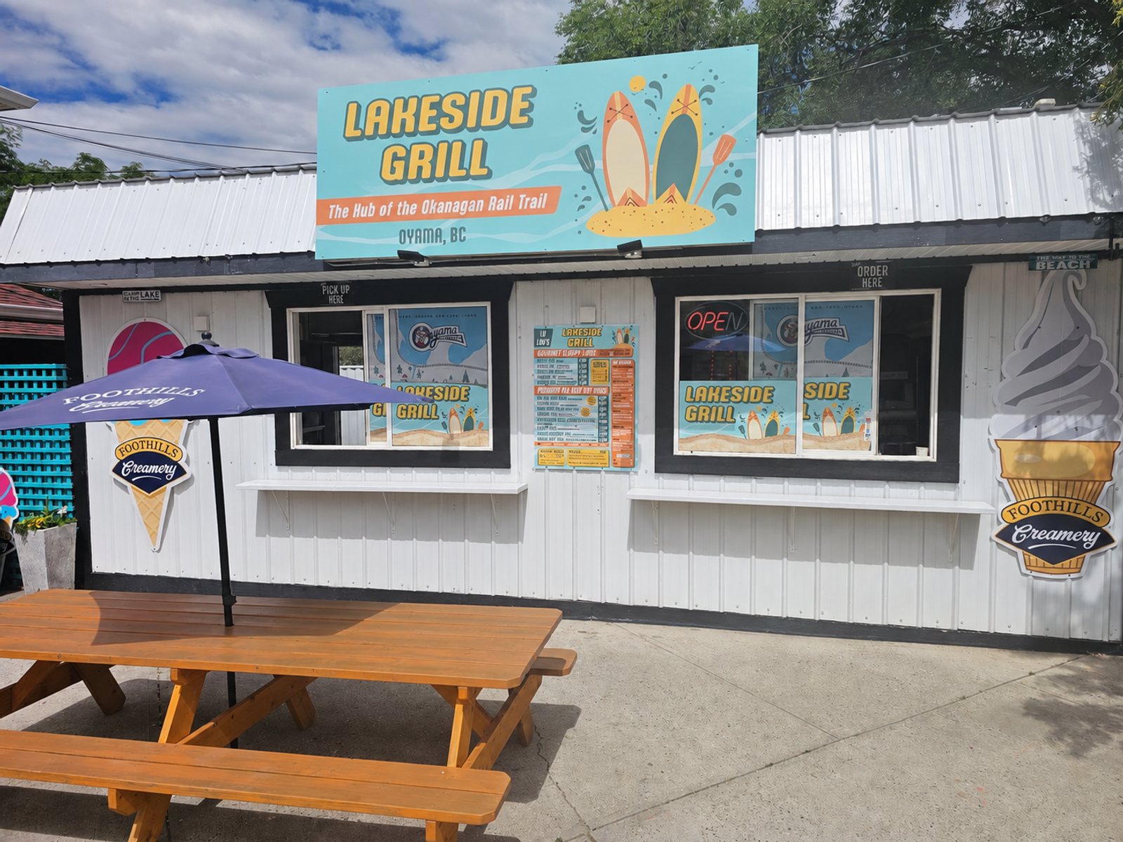 The Lu Lou's Lakeside Grill stand in Oyama, BC, white building with the orange-and-teal Lakeside Grill sign, order window and picnic tables. Look for this from the beach.
